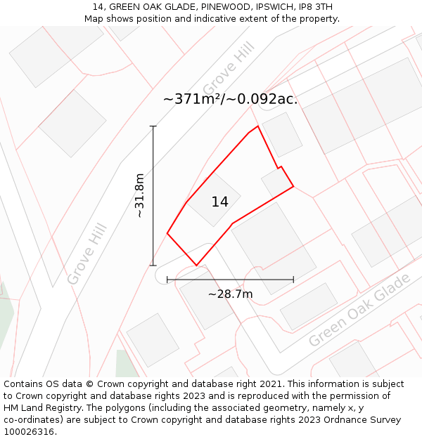 14, GREEN OAK GLADE, PINEWOOD, IPSWICH, IP8 3TH: Plot and title map