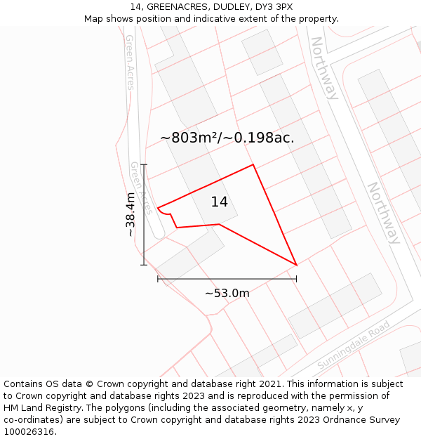 14, GREENACRES, DUDLEY, DY3 3PX: Plot and title map