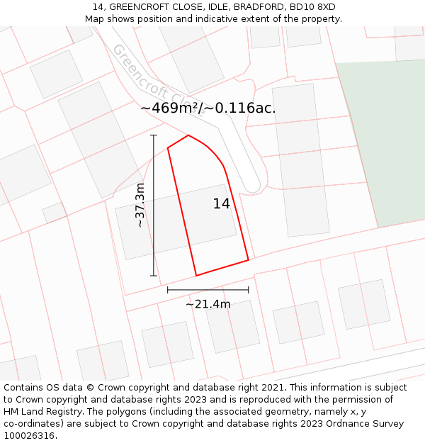 14, GREENCROFT CLOSE, IDLE, BRADFORD, BD10 8XD: Plot and title map