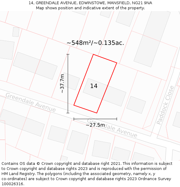 14, GREENDALE AVENUE, EDWINSTOWE, MANSFIELD, NG21 9NA: Plot and title map