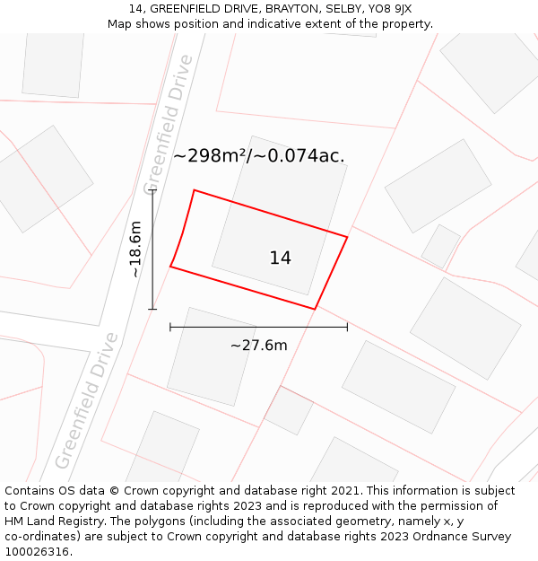 14, GREENFIELD DRIVE, BRAYTON, SELBY, YO8 9JX: Plot and title map