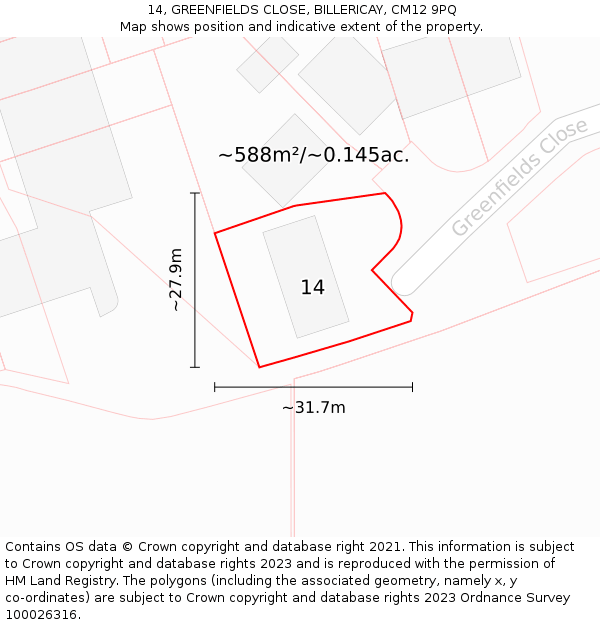 14, GREENFIELDS CLOSE, BILLERICAY, CM12 9PQ: Plot and title map