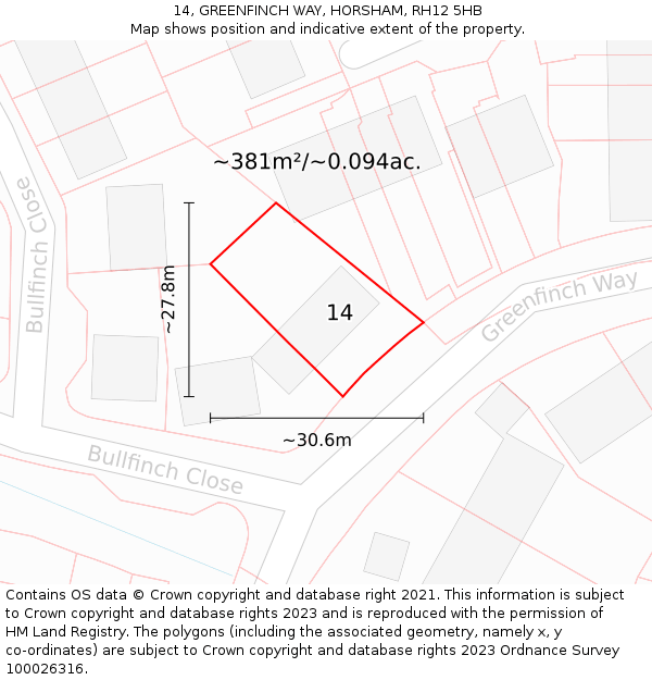 14, GREENFINCH WAY, HORSHAM, RH12 5HB: Plot and title map