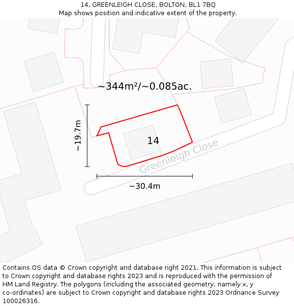 14, GREENLEIGH CLOSE, BOLTON, BL1 7BQ: Plot and title map