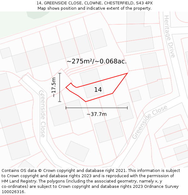 14, GREENSIDE CLOSE, CLOWNE, CHESTERFIELD, S43 4PX: Plot and title map