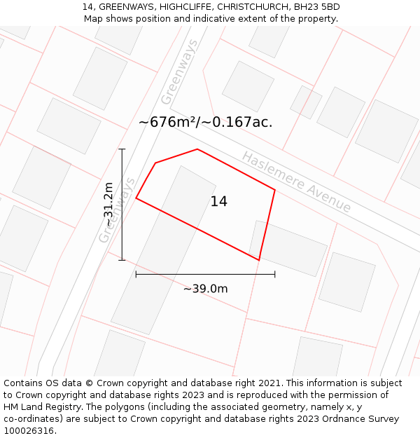 14, GREENWAYS, HIGHCLIFFE, CHRISTCHURCH, BH23 5BD: Plot and title map