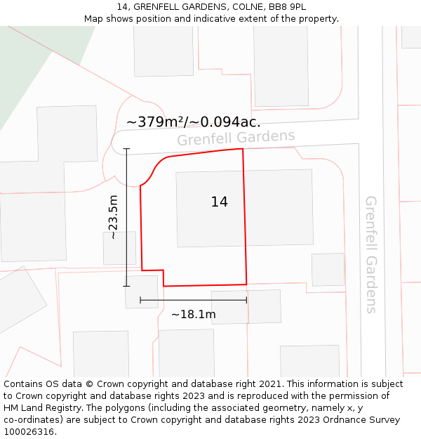 14, GRENFELL GARDENS, COLNE, BB8 9PL: Plot and title map