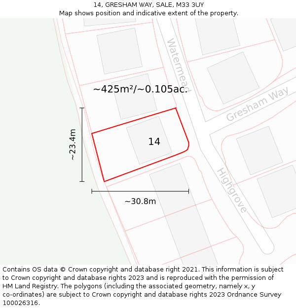14, GRESHAM WAY, SALE, M33 3UY: Plot and title map