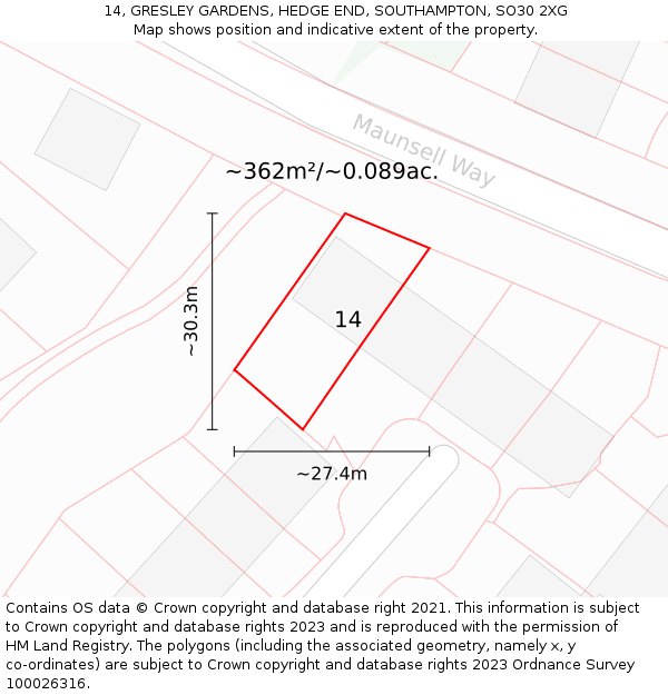 14, GRESLEY GARDENS, HEDGE END, SOUTHAMPTON, SO30 2XG: Plot and title map