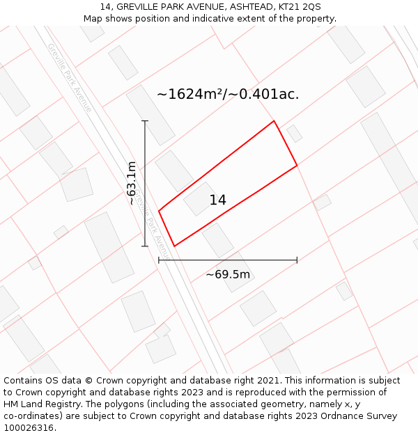 14, GREVILLE PARK AVENUE, ASHTEAD, KT21 2QS: Plot and title map