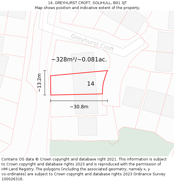 14, GREYHURST CROFT, SOLIHULL, B91 3JT: Plot and title map