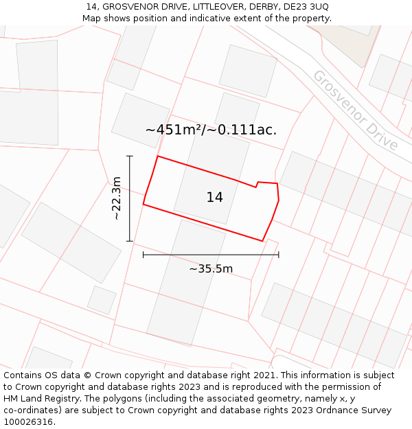 14, GROSVENOR DRIVE, LITTLEOVER, DERBY, DE23 3UQ: Plot and title map
