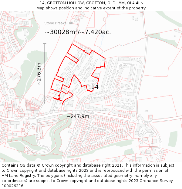 14, GROTTON HOLLOW, GROTTON, OLDHAM, OL4 4LN: Plot and title map