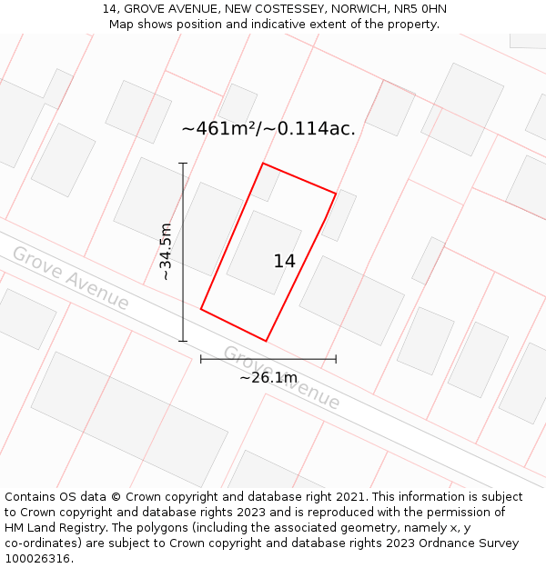 14, GROVE AVENUE, NEW COSTESSEY, NORWICH, NR5 0HN: Plot and title map