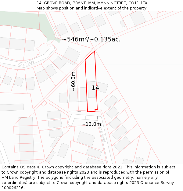 14, GROVE ROAD, BRANTHAM, MANNINGTREE, CO11 1TX: Plot and title map