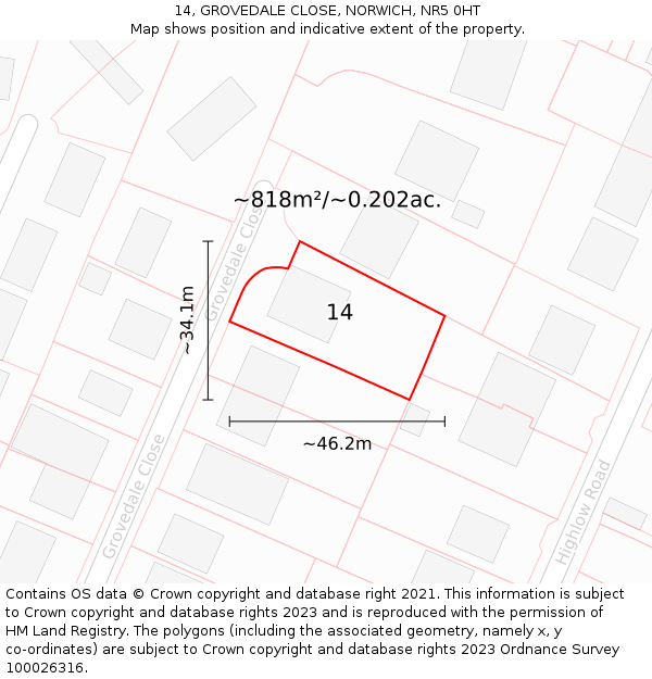 14, GROVEDALE CLOSE, NORWICH, NR5 0HT: Plot and title map