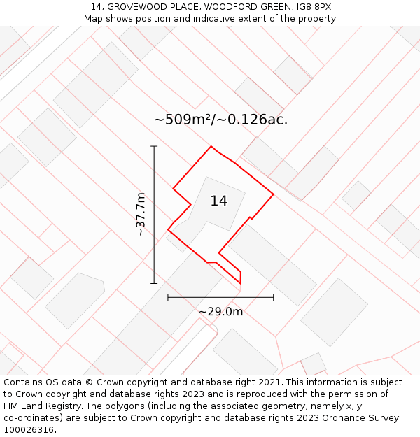 14, GROVEWOOD PLACE, WOODFORD GREEN, IG8 8PX: Plot and title map
