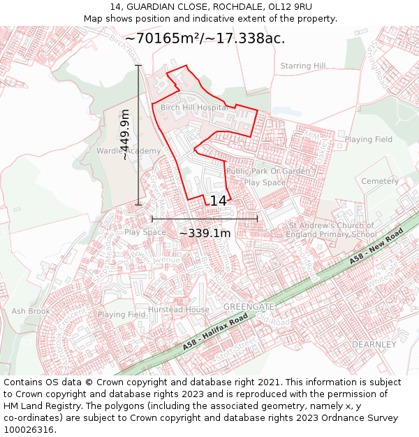 14, GUARDIAN CLOSE, ROCHDALE, OL12 9RU: Plot and title map