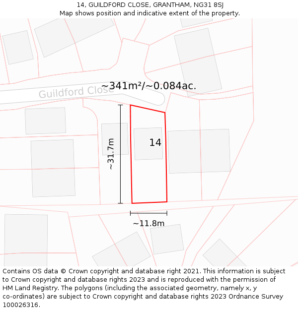 14, GUILDFORD CLOSE, GRANTHAM, NG31 8SJ: Plot and title map