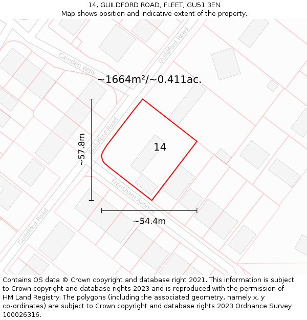 14, GUILDFORD ROAD, FLEET, GU51 3EN: Plot and title map