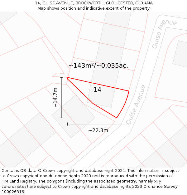 14, GUISE AVENUE, BROCKWORTH, GLOUCESTER, GL3 4NA: Plot and title map