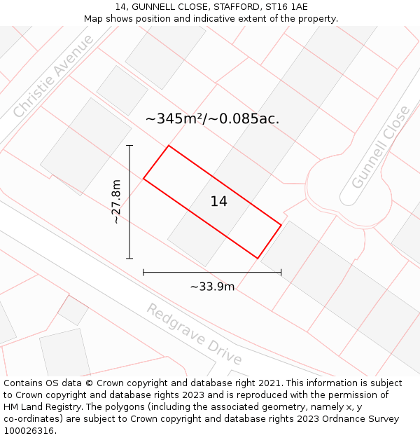 14, GUNNELL CLOSE, STAFFORD, ST16 1AE: Plot and title map