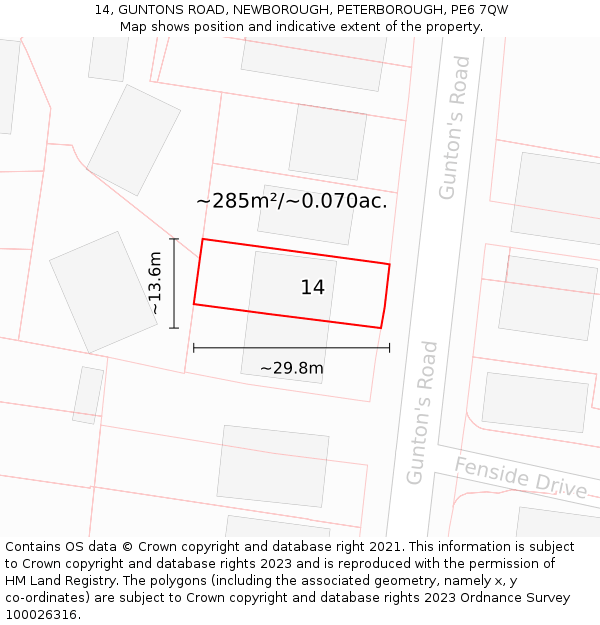 14, GUNTONS ROAD, NEWBOROUGH, PETERBOROUGH, PE6 7QW: Plot and title map