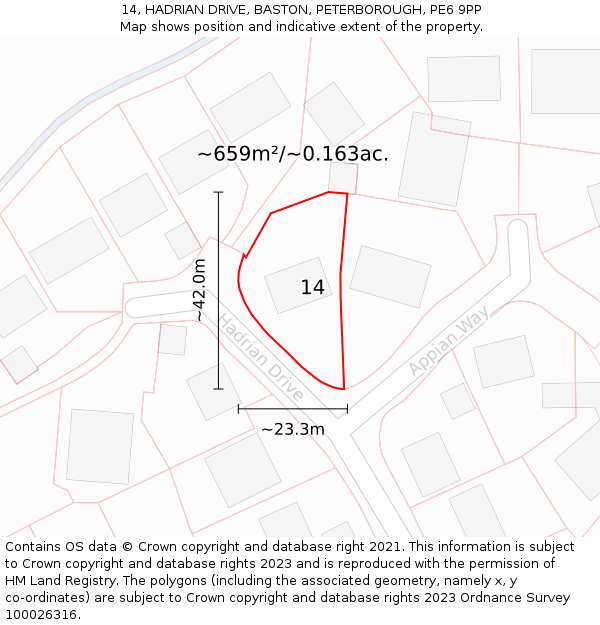 14, HADRIAN DRIVE, BASTON, PETERBOROUGH, PE6 9PP: Plot and title map