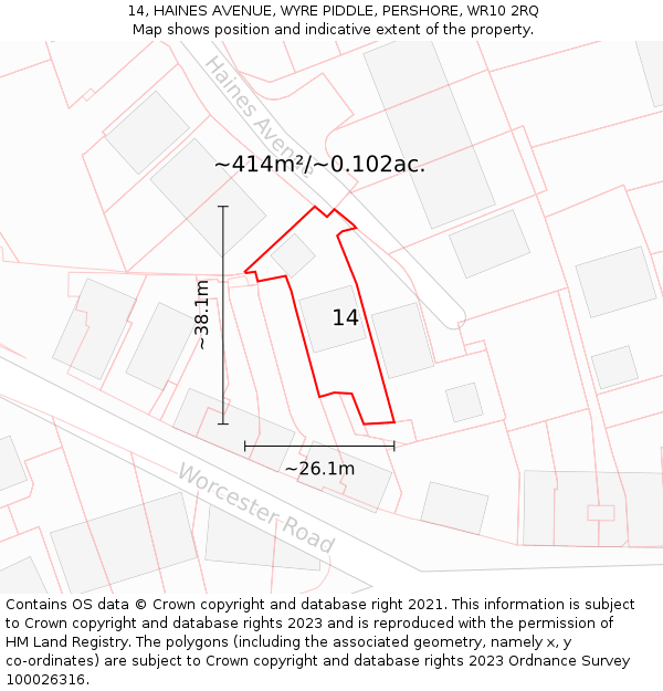 14, HAINES AVENUE, WYRE PIDDLE, PERSHORE, WR10 2RQ: Plot and title map