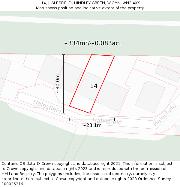 14, HALESFIELD, HINDLEY GREEN, WIGAN, WN2 4XX: Plot and title map