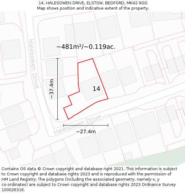 14, HALESOWEN DRIVE, ELSTOW, BEDFORD, MK42 9GG: Plot and title map