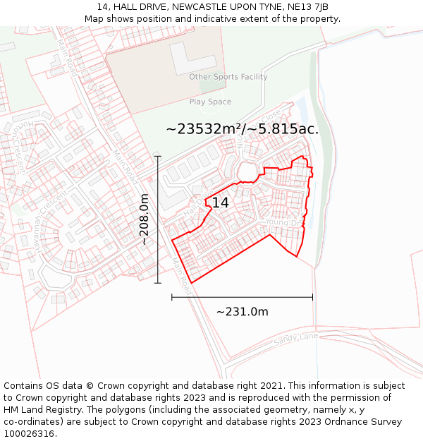 14, HALL DRIVE, NEWCASTLE UPON TYNE, NE13 7JB: Plot and title map