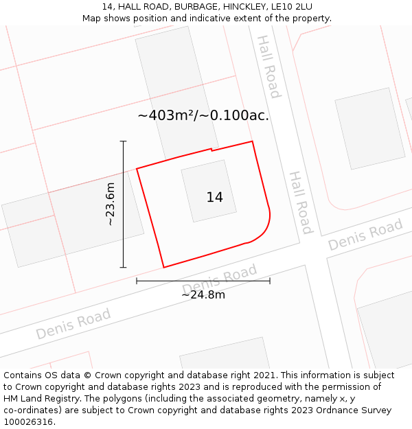 14, HALL ROAD, BURBAGE, HINCKLEY, LE10 2LU: Plot and title map