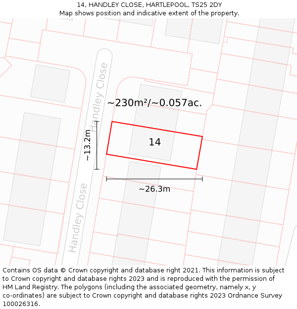 14, HANDLEY CLOSE, HARTLEPOOL, TS25 2DY: Plot and title map
