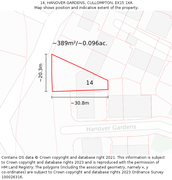 14, HANOVER GARDENS, CULLOMPTON, EX15 1XA: Plot and title map