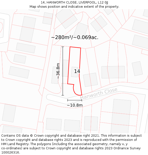 14, HANWORTH CLOSE, LIVERPOOL, L12 0JJ: Plot and title map