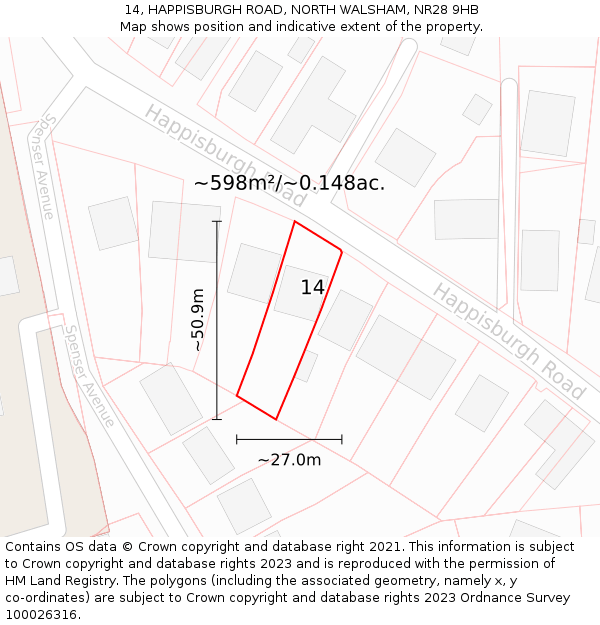 14, HAPPISBURGH ROAD, NORTH WALSHAM, NR28 9HB: Plot and title map