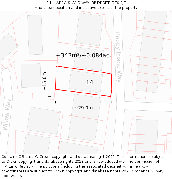 14, HAPPY ISLAND WAY, BRIDPORT, DT6 4JZ: Plot and title map