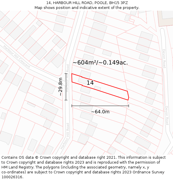 14, HARBOUR HILL ROAD, POOLE, BH15 3PZ: Plot and title map