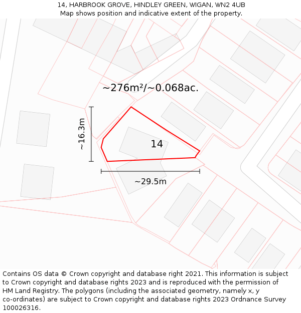 14, HARBROOK GROVE, HINDLEY GREEN, WIGAN, WN2 4UB: Plot and title map