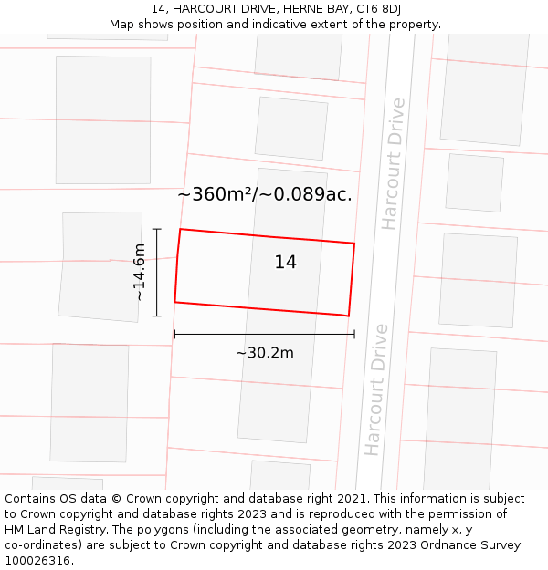 14, HARCOURT DRIVE, HERNE BAY, CT6 8DJ: Plot and title map