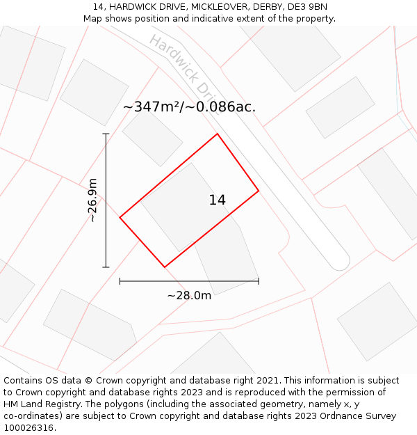 14, HARDWICK DRIVE, MICKLEOVER, DERBY, DE3 9BN: Plot and title map