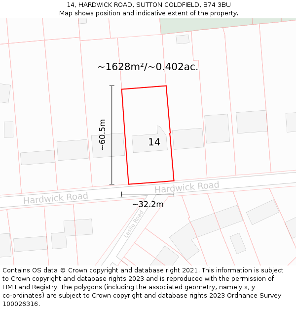 14, HARDWICK ROAD, SUTTON COLDFIELD, B74 3BU: Plot and title map