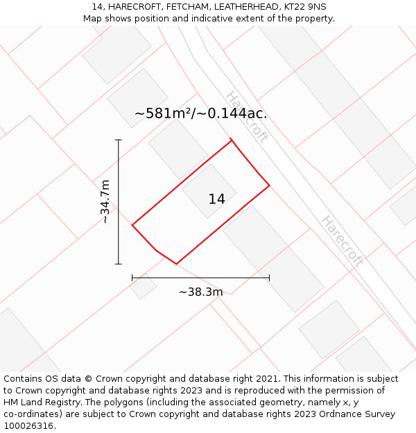 14, HARECROFT, FETCHAM, LEATHERHEAD, KT22 9NS: Plot and title map