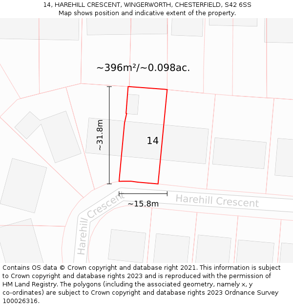 14, HAREHILL CRESCENT, WINGERWORTH, CHESTERFIELD, S42 6SS: Plot and title map