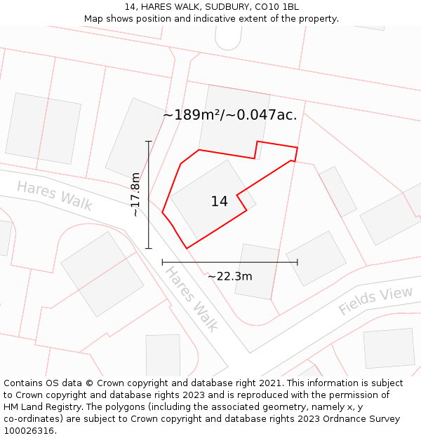 14, HARES WALK, SUDBURY, CO10 1BL: Plot and title map