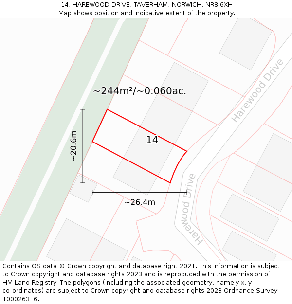 14, HAREWOOD DRIVE, TAVERHAM, NORWICH, NR8 6XH: Plot and title map