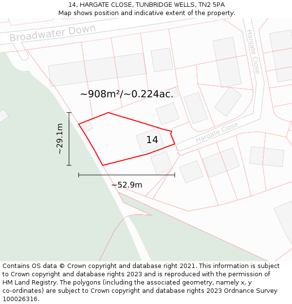 14, HARGATE CLOSE, TUNBRIDGE WELLS, TN2 5PA: Plot and title map