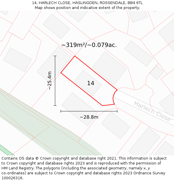 14, HARLECH CLOSE, HASLINGDEN, ROSSENDALE, BB4 6TL: Plot and title map