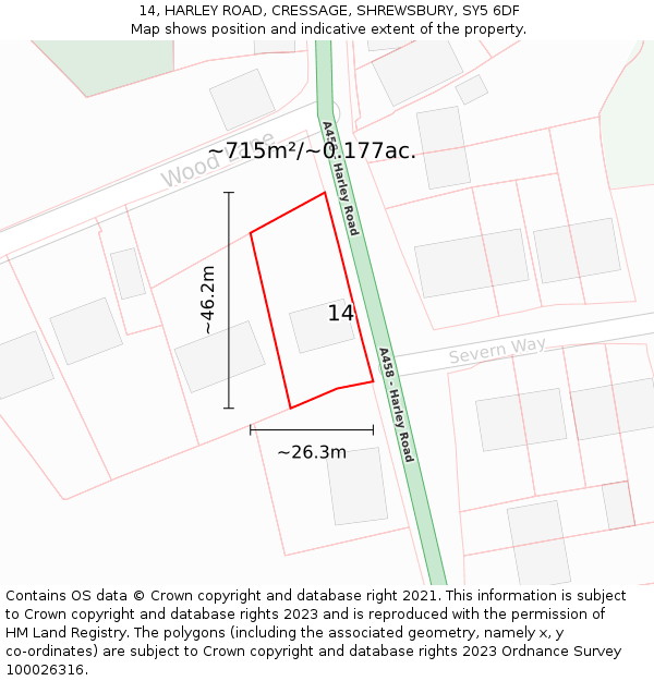14, HARLEY ROAD, CRESSAGE, SHREWSBURY, SY5 6DF: Plot and title map